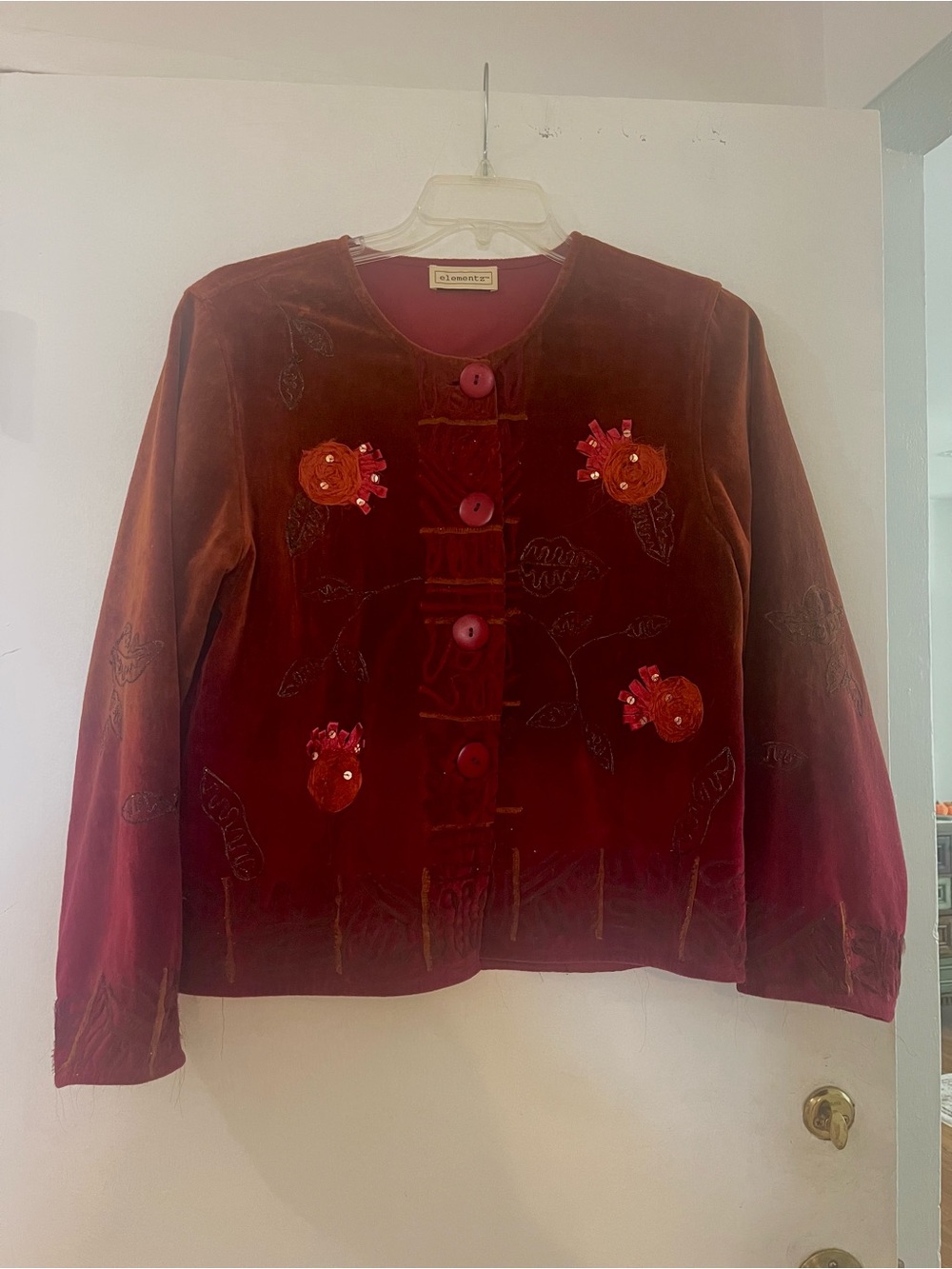 Elementz Red Velvet Embroidered Button Jacket - Picture 1 of 5